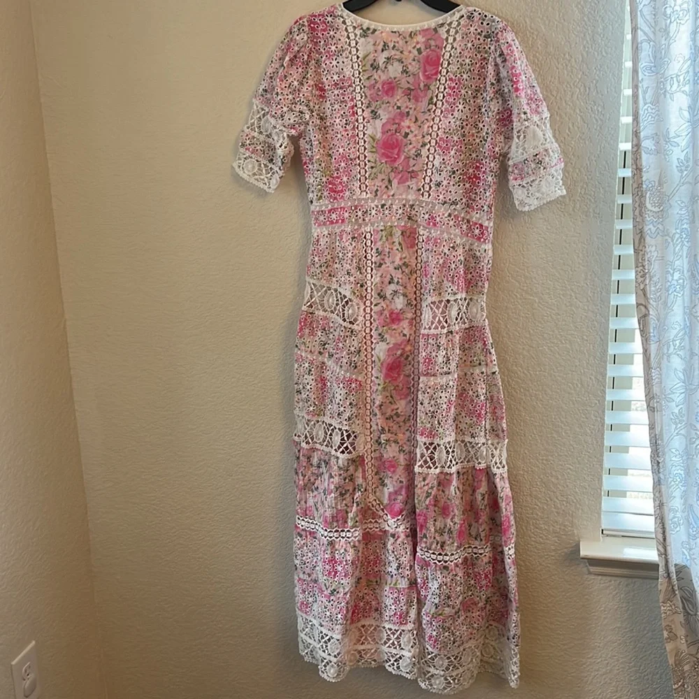 LoveShackFancy Pink Magenta Floral Eyelet Carlie Victorian Midi Dress - Picture 7 of 10